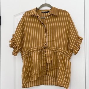 Zara Womans Striped Ruffle Sleeve Tie Top